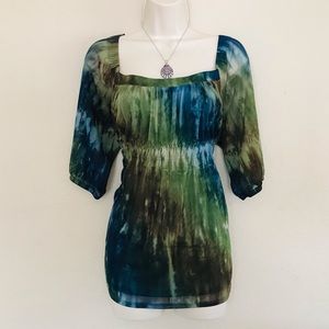 Stunning Babydoll Earthy Green Blue And Brown Flowy Square Neck Sheer Top Large